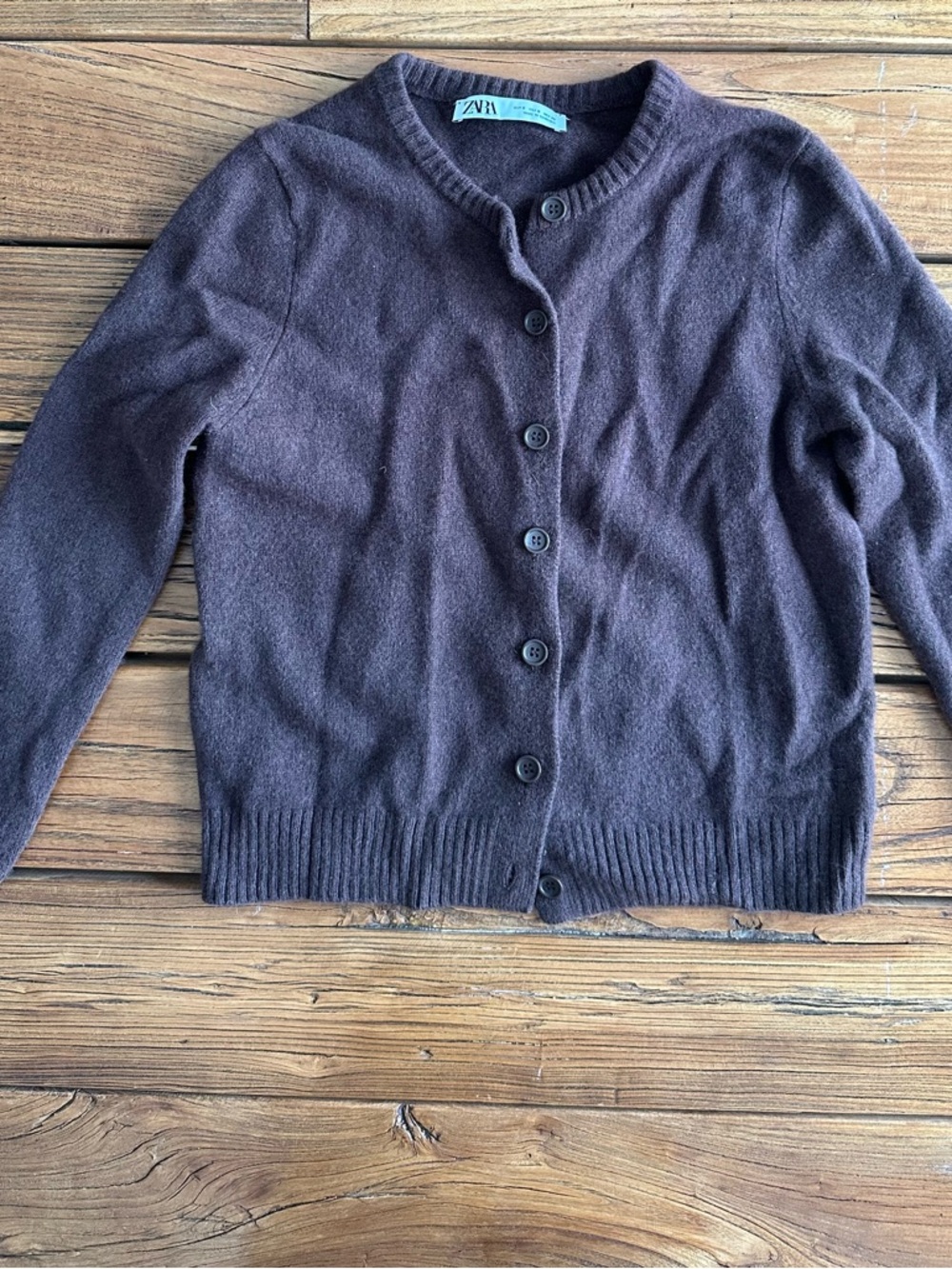 Zara Dark Brown Crewneck Button-Front Women's Cardigan